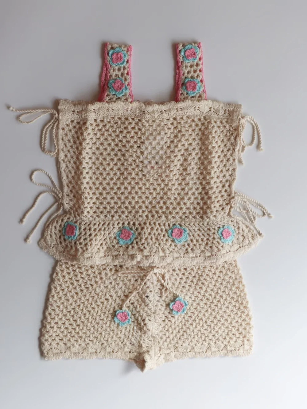Handmade Crochet Tank Top & Shorts Set - Cream with Pink & Teal Flower Accents
